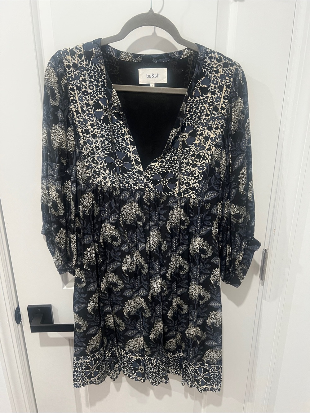 ba&sh Navy and Cream Floral Peasant Tunic Dress Size 3 or Large